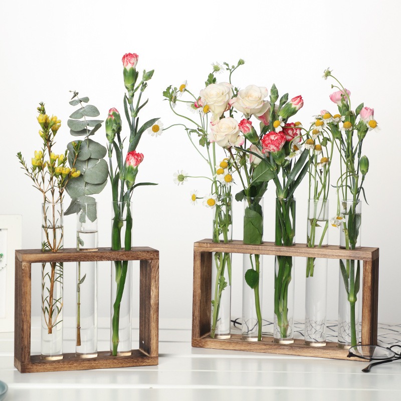 Self-Watering Planter - 5-Tube Glass Hydroponic Planter with Wooden